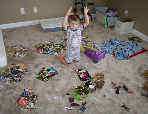Carter sorting his comics